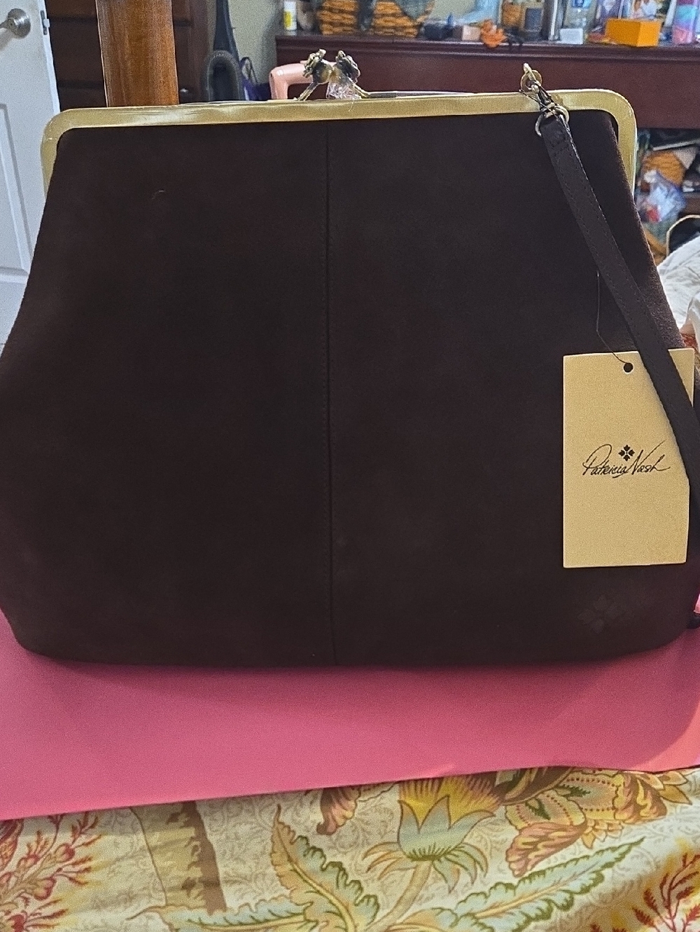 Patricia Nash Dark Brown Suede Top-Handle Shoulder Bag with Gold Frame Clutch